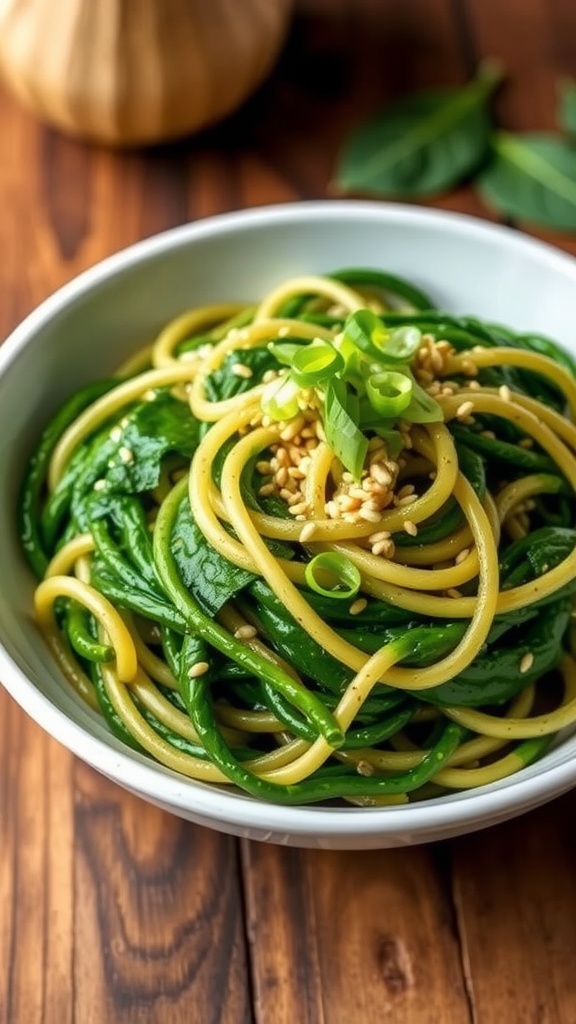 Bowls of spinach udon noodles garnished with sesame seeds and green onions on a rustic wooden table.